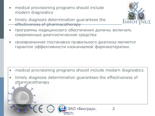 © ЗАО «Биоград», 2007г. medical provisioning programs should include modern diagnostics timely