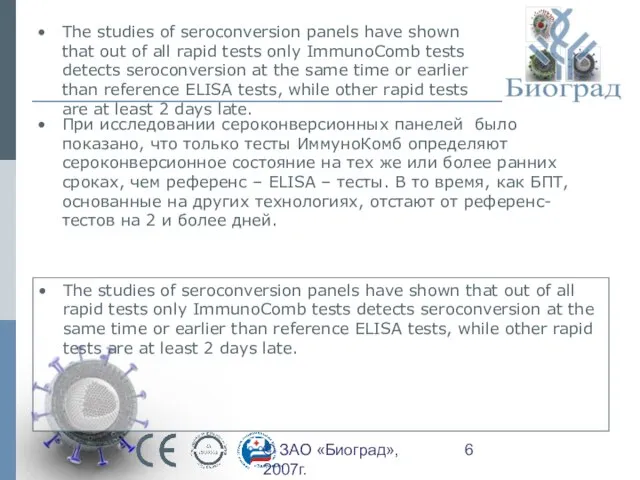 © ЗАО «Биоград», 2007г. The studies of seroconversion panels have shown that