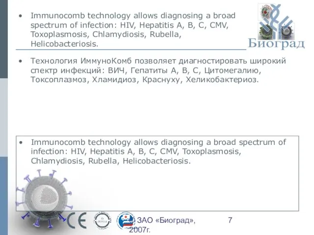 © ЗАО «Биоград», 2007г. Immunocomb technology allows diagnosing a broad spectrum of