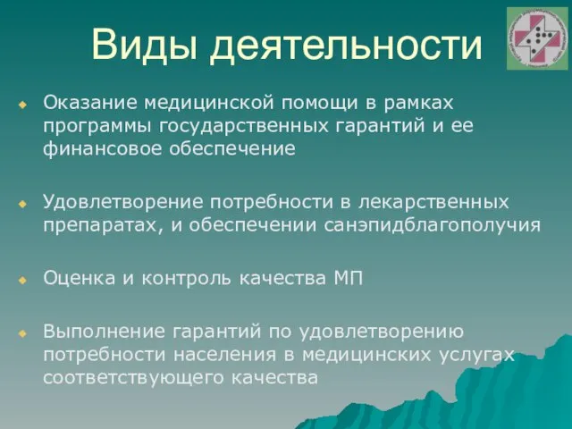 Виды деятельности Оказание медицинской помощи в рамках программы государственных гарантий и ее