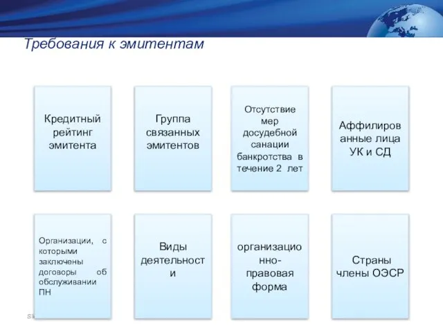 Требования к эмитентам организационно-правовая форма Группа связанных эмитентов Кредитный рейтинг эмитента Аффилированные