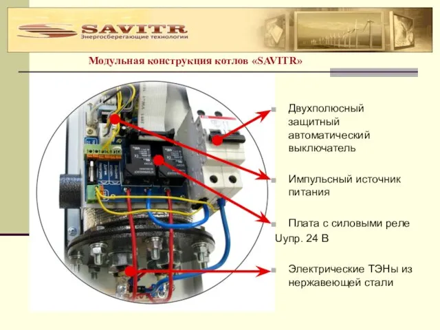 Модульная конструкция котлов «SAVITR» Двухполюсный защитный автоматический выключатель Импульсный источник питания Плата