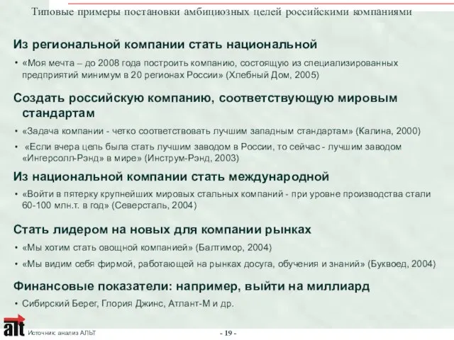 Типовые примеры постановки амбициозных целей российскими компаниями Источник: анализ АЛЬТ Из региональной