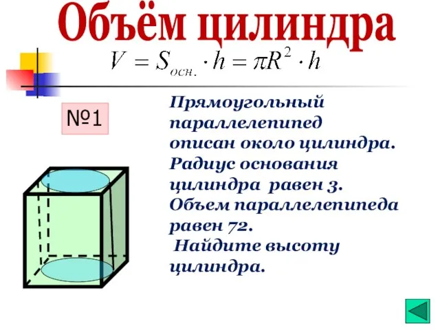 Объём цилиндра Прямоугольный параллелепипед описан около цилиндра. Радиус основания цилиндра равен 3.