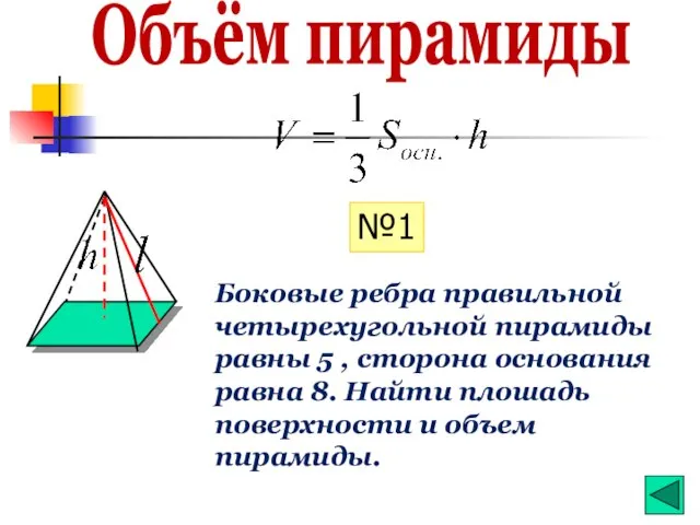 Объём пирамиды Боковые ребра правильной четырехугольной пирамиды равны 5 , сторона основания