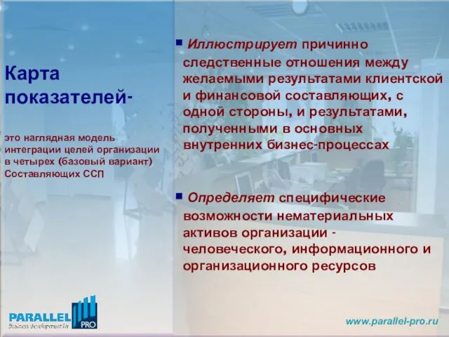 Карта показателей- это наглядная модель интеграции целей организации в четырех (базовый вариант)