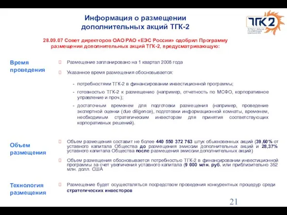 Информация о размещении дополнительных акций ТГК-2 28.09.07 Совет директоров ОАО РАО «ЕЭС