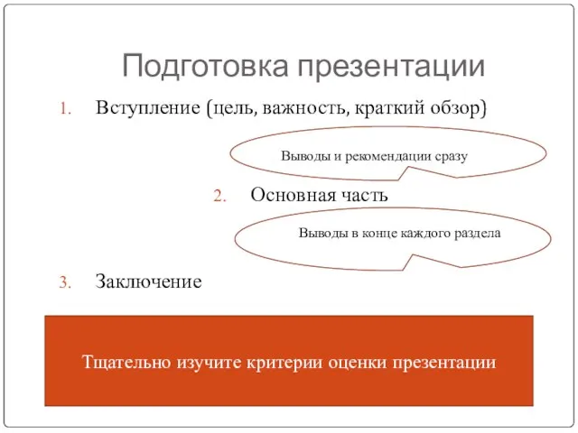 Подготовка презентации Вступление (цель, важность, краткий обзор) Основная часть Заключение ос Выводы