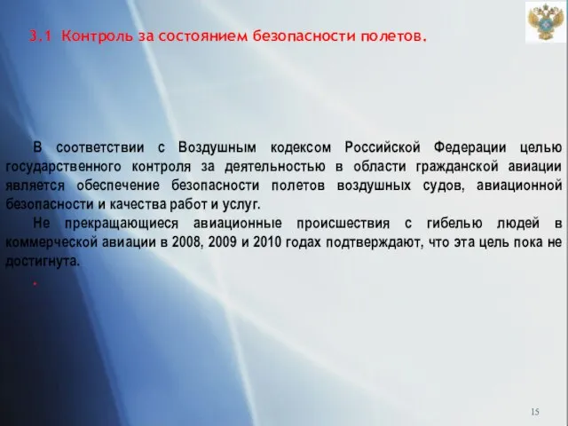 3.1 Контроль за состоянием безопасности полетов. В соответствии с Воздушным кодексом Российской