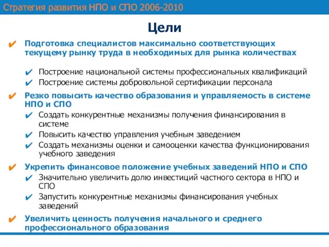 Цели Подготовка специалистов максимально соответствующих текущему рынку труда в необходимых для рынка