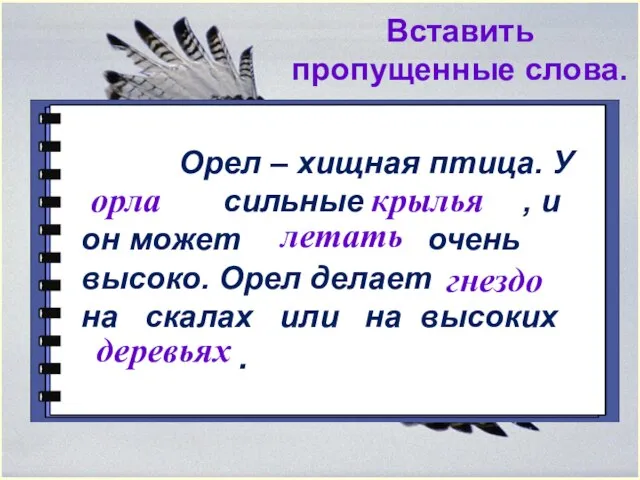 Вставить пропущенные слова. Орел – хищная птица. У сильные , и он