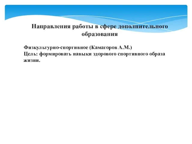 Направления работы в сфере дополнительного образования Физкультурно-спортивное (Камагоров А.М.) Цель: формировать навыки здорового спортивного образа жизни.