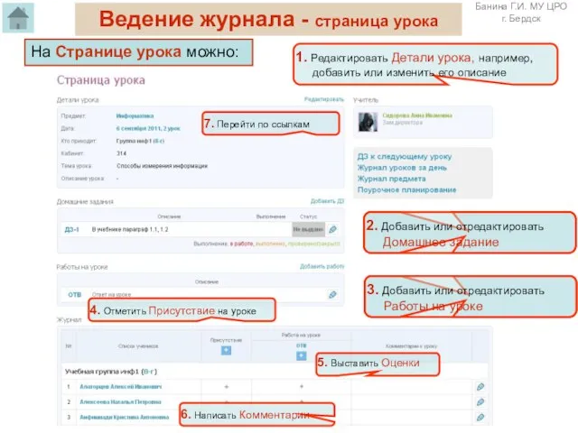 Ведение журнала - страница урока На Странице урока можно: 1. Редактировать Детали