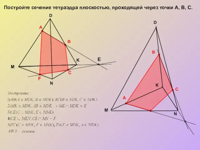 Постройте сечение тетраэдра плоскостью, проходящей через точки А, В, С. M K