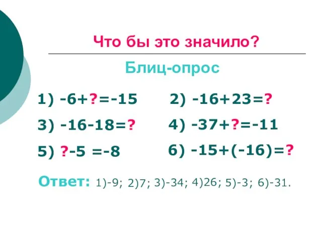 Что бы это значило? Блиц-опрос 1) -6+?=-15 2) -16+23=? 3) -16-18=? 4)