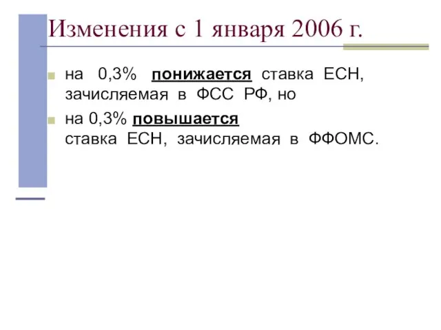 Изменения с 1 января 2006 г. на 0,3% понижается ставка ЕСН, зачисляемая