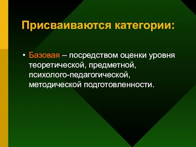 Присваиваются категории: Базовая – посредством оценки уровня теоретической, предметной, психолого-педагогической, методической подготовленности.