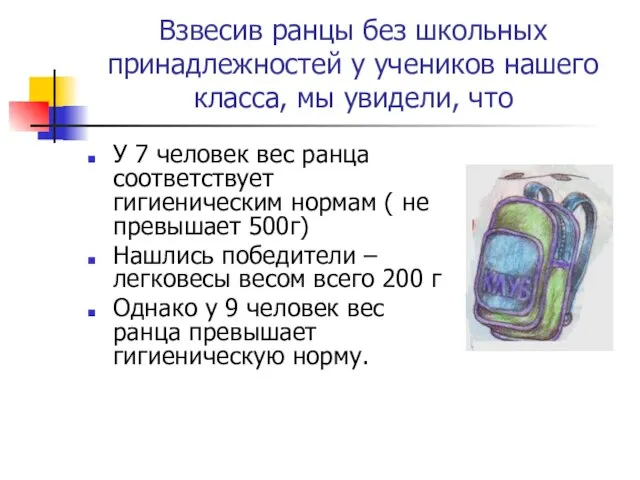 Взвесив ранцы без школьных принадлежностей у учеников нашего класса, мы увидели, что