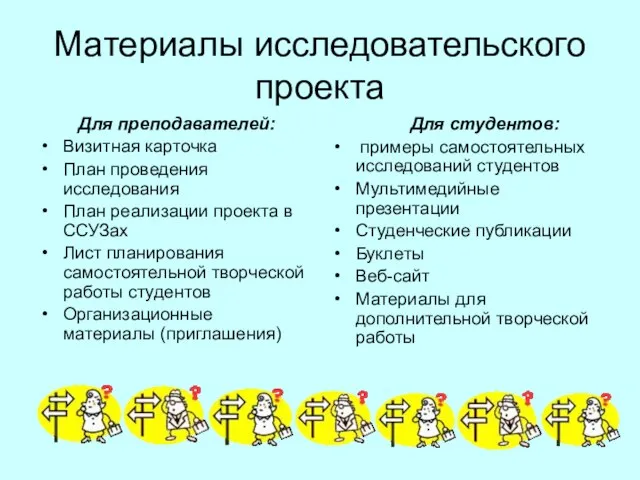 Материалы исследовательского проекта Для преподавателей: Визитная карточка План проведения исследования План реализации