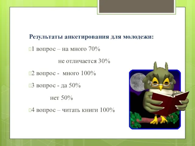 Результаты анкетирования для молодежи: 1 вопрос – на много 70% не отличается