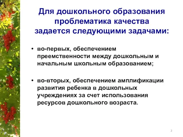 Для дошкольного образования проблематика качества задается следующими задачами: во-первых, обеспечением преемственности между