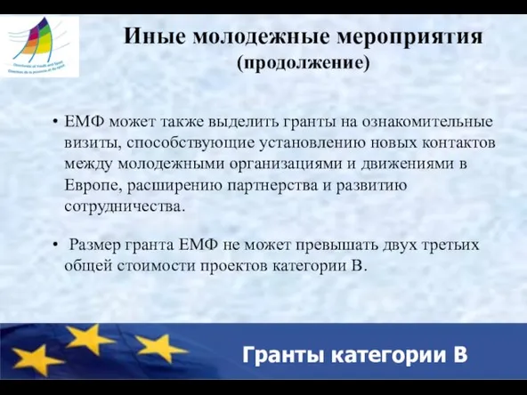 Гранты категории В Иные молодежные мероприятия (продолжение) ЕМФ может также выделить гранты