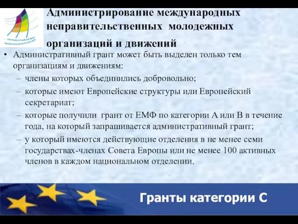 Гранты категории С Администрирование международных неправительственных молодежных организаций и движений Административный грант