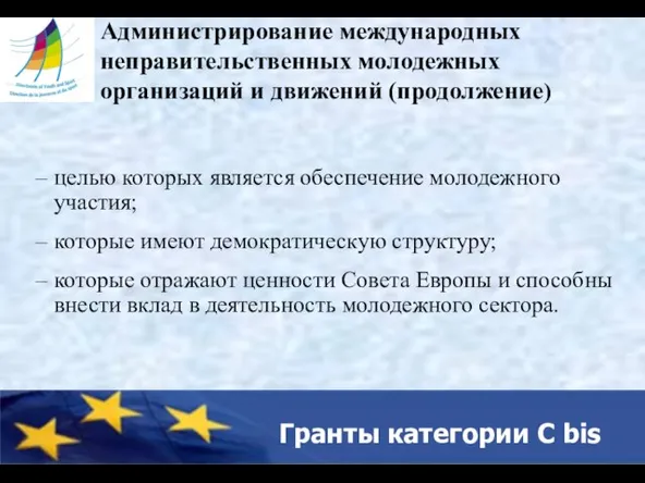 Гранты категории C bis Администрирование международных неправительственных молодежных организаций и движений (продолжение)