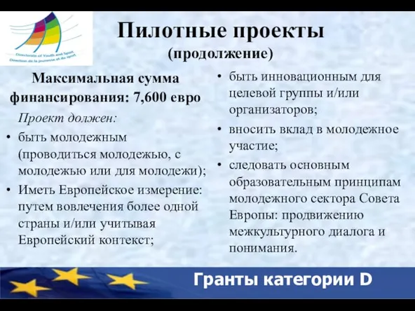 Гранты категории D Пилотные проекты (продолжение) Максимальная сумма финансирования: 7,600 евро Проект