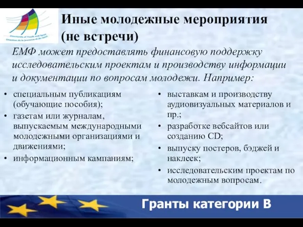 Гранты категории В Иные молодежные мероприятия (не встречи) специальным публикациям (обучающие пособия);