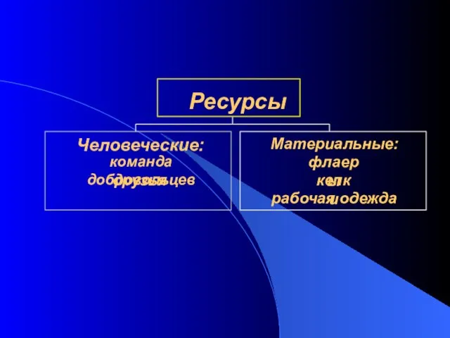 Человеческие: команда добровольцев друзья Материальные: флаеры кепки рабочая одежда Ресурсы