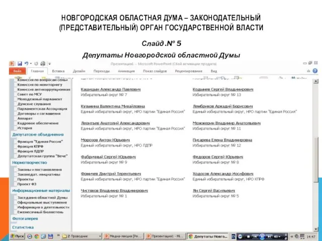 НОВГОРОДСКАЯ ОБЛАСТНАЯ ДУМА – ЗАКОНОДАТЕЛЬНЫЙ (ПРЕДСТАВИТЕЛЬНЫЙ) ОРГАН ГОСУДАРСТВЕННОЙ ВЛАСТИ Слайд .№ 5 Депутаты Новгородской областной Думы