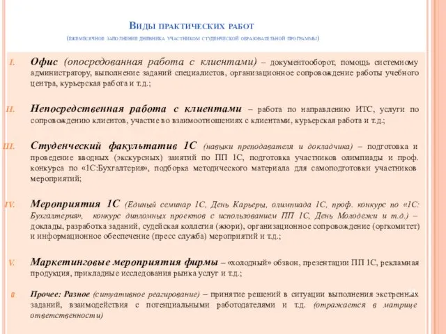 Виды практических работ (ежемесячное заполнение дневника участником студенческой образовательной программы) Офис (опосредованная