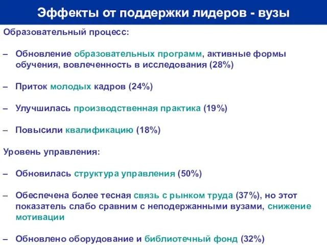 Эффекты от поддержки лидеров - вузы Образовательный процесс: Обновление образовательных программ, активные