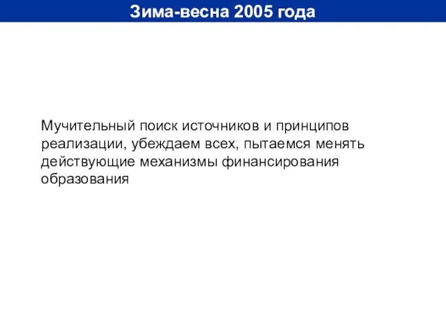 Зима-весна 2005 года Мучительный поиск источников и принципов реализации, убеждаем всех, пытаемся