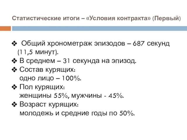 Статистические итоги – «Условия контракта» (Первый) Общий хронометраж эпизодов – 687 секунд