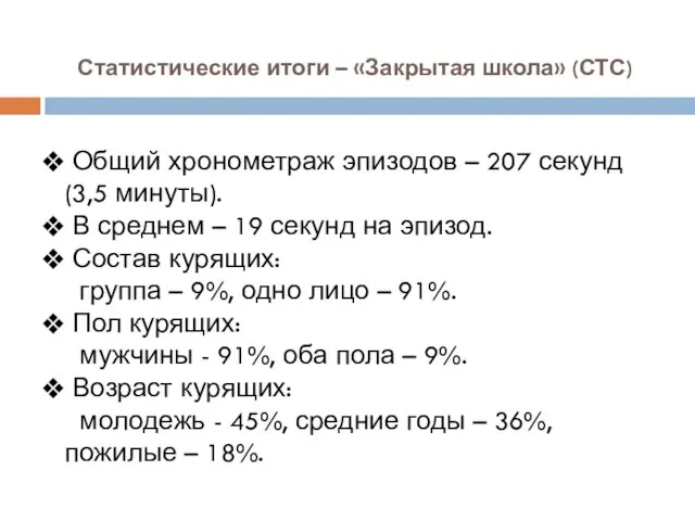 Статистические итоги – «Закрытая школа» (СТС) Общий хронометраж эпизодов – 207 секунд