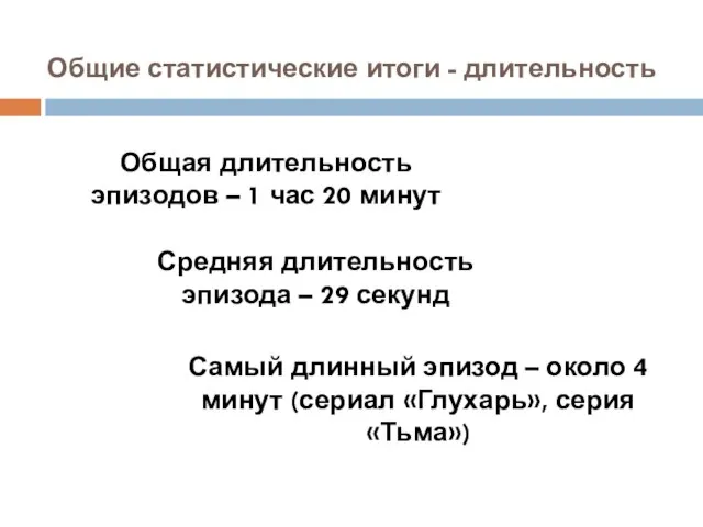 Общие статистические итоги - длительность Общая длительность эпизодов – 1 час 20