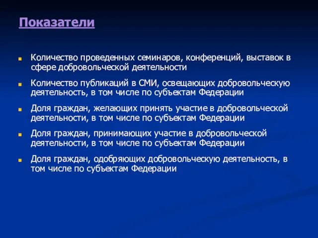 Показатели Количество проведенных семинаров, конференций, выставок в сфере добровольческой деятельности Количество публикаций