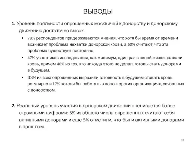 ВЫВОДЫ 1. Уровень лояльности опрошенных москвичей к донорству и донорскому движению достаточно