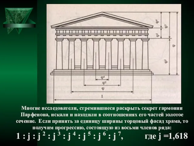 Многие исследователи, стремившиеся раскрыть секрет гармонии Парфенона, искали и находили в соотношениях