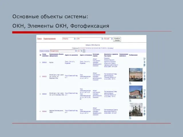 Основные объекты системы: ОКН, Элементы ОКН, Фотофиксация