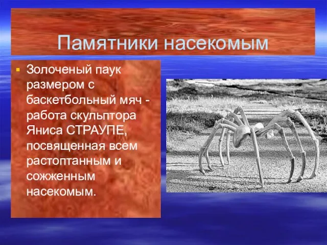 Памятники насекомым Золоченый паук размером с баскетбольный мяч - работа скульптора Яниса