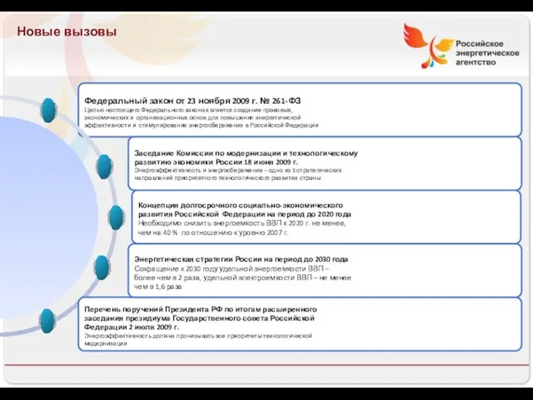 Новые вызовы Федеральный закон от 23 ноября 2009 г. № 261-ФЗ Целью