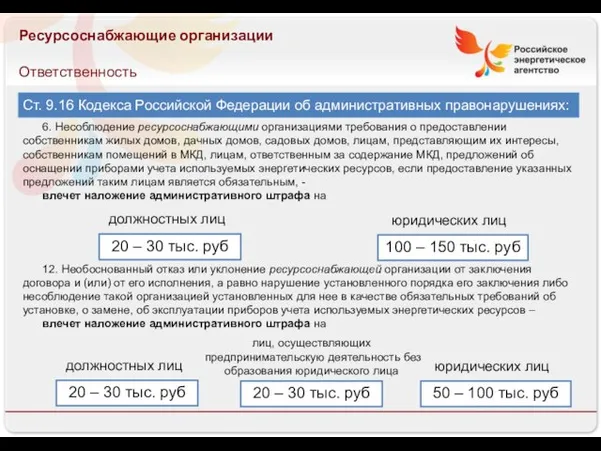 Ресурсоснабжающие организации Ответственность Ст. 9.16 Кодекса Российской Федерации об административных правонарушениях: 6.