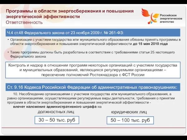 13.08.10 Программы в области энергосбережения и повышения энергетической эффективности Ответственность Ст. 9.16