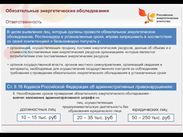 13.08.10 Обязательные энергетические обследования Ответственность Ст. 9.16 Кодекса Российской Федерации об административных