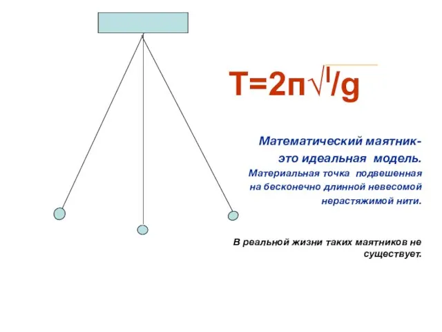 Т=2п√l/g Математический маятник- это идеальная модель. Материальная точка подвешенная на бесконечно длинной