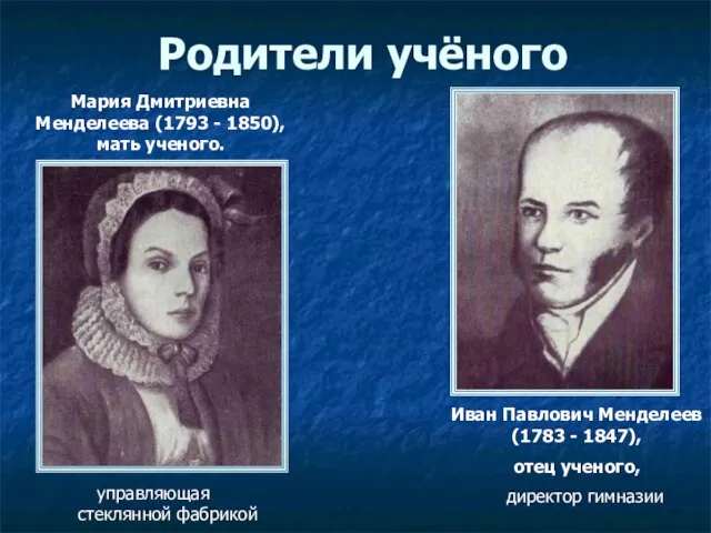 Родители учёного Мария Дмитриевна Менделеева (1793 - 1850), мать ученого. Иван Павлович