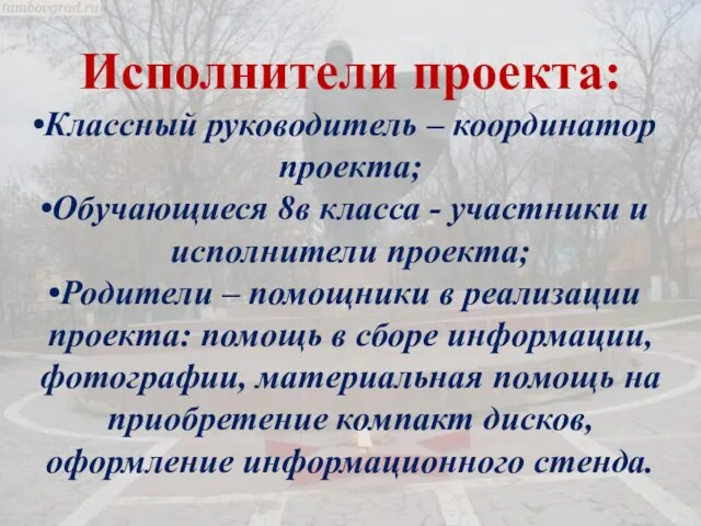 Исполнители проекта: Классный руководитель – координатор проекта; Обучающиеся 8в класса - участники